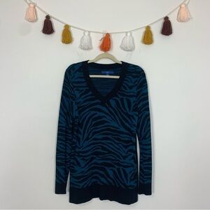 Apt. 9 V-Neck Teal Blue Black Zebra Knit Pattern Sweater Size Medium